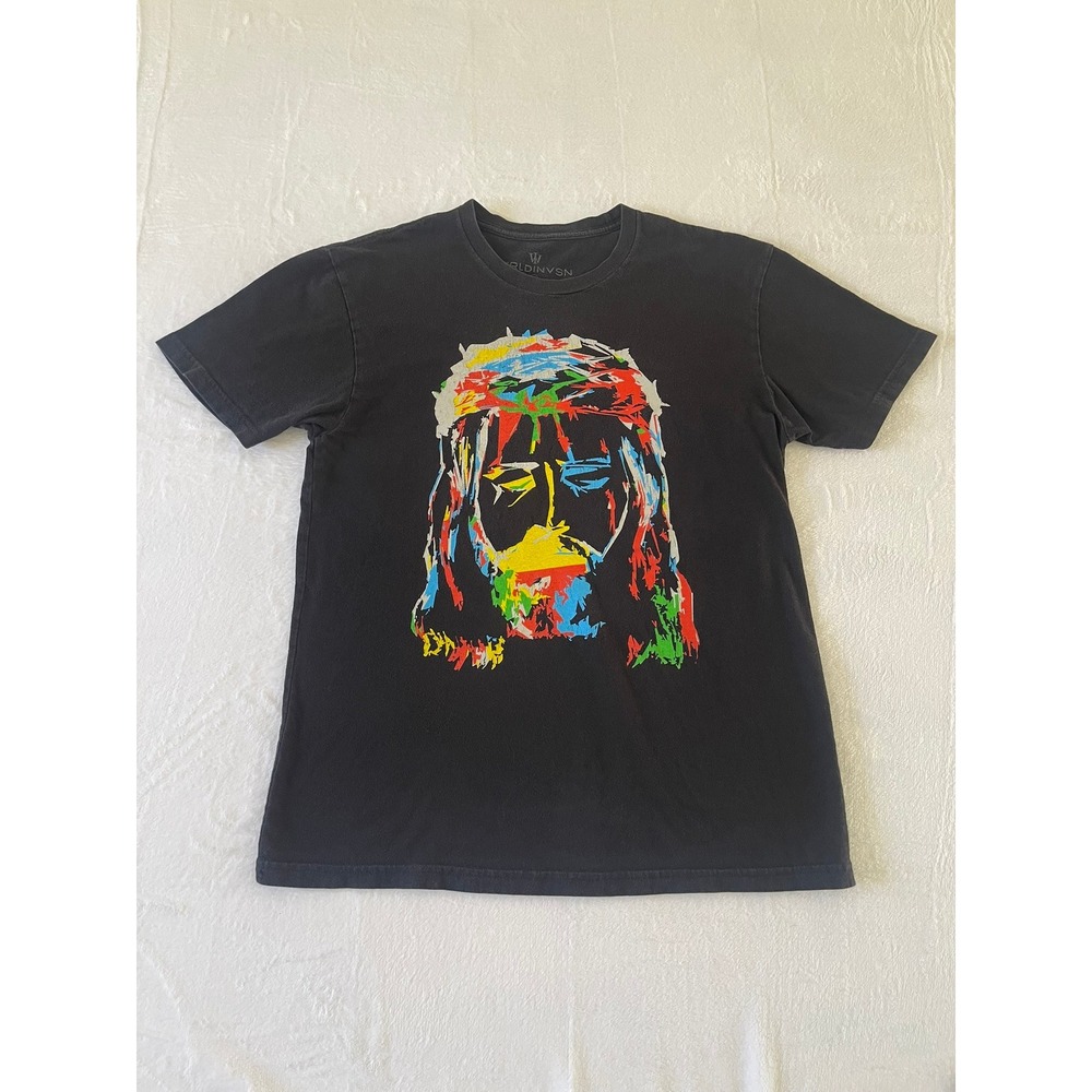 WRLDINVSN Mens Jesus Graphic T-Shirt Black Multi Color Abstract Streetwear M